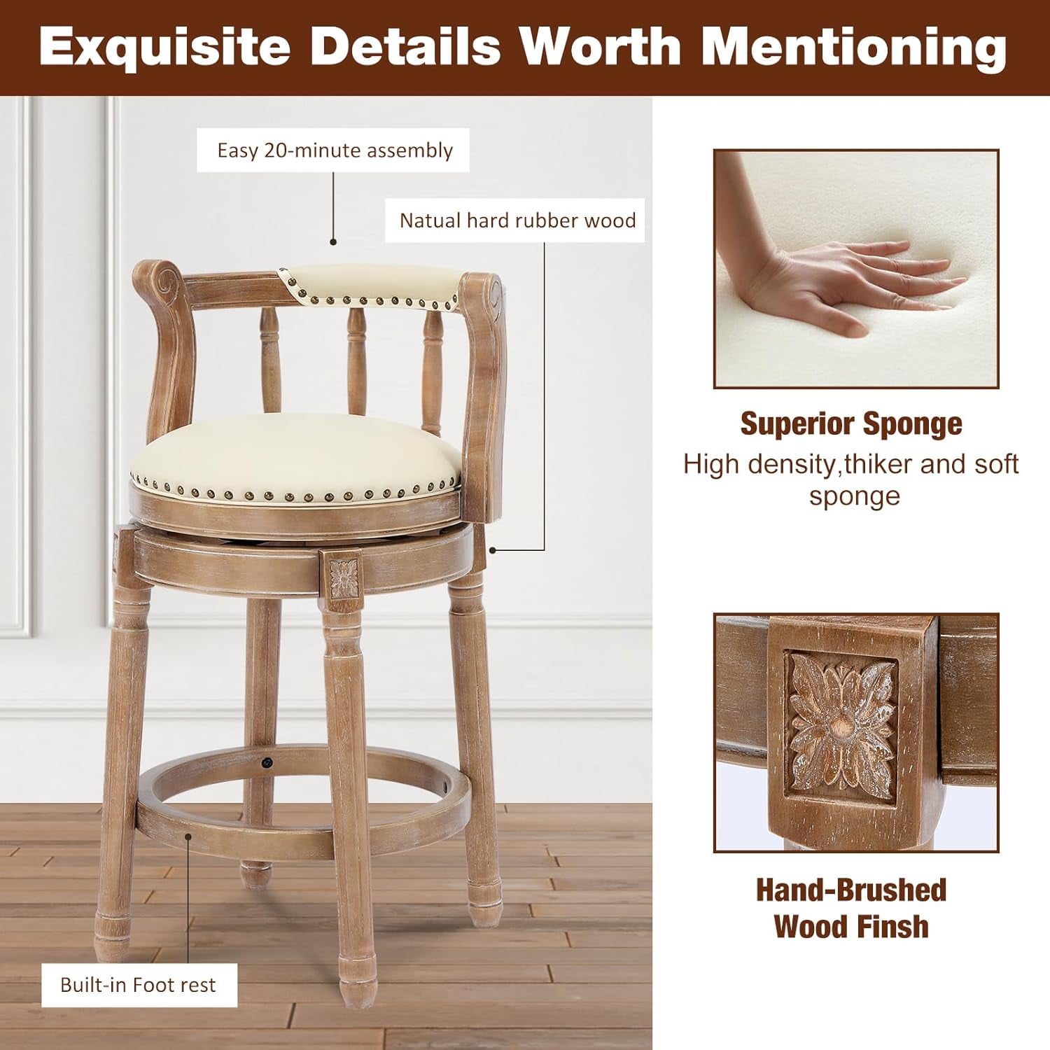 Aulife Bar Stools Genuine Leather Counter Height barstool Wooden Swivel kitchen Stool with Footrest for Kitchen Dining Room
