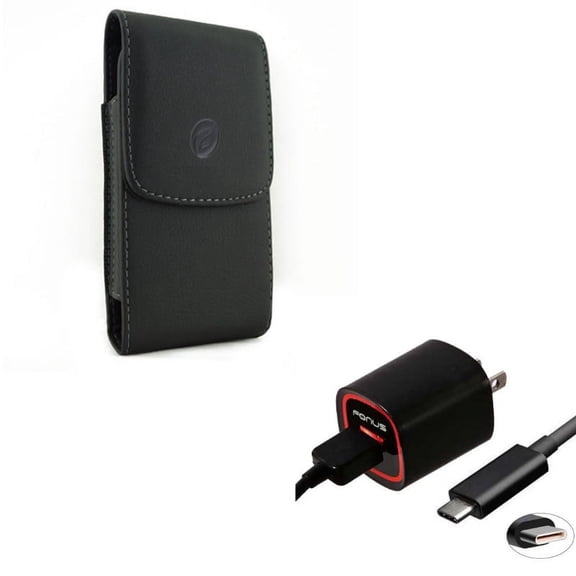 Black Leather Carry Case w 18W Adaptive Fast Home Charger 6ft Type-C Turbo USB Cable E1V for Alcatel PulseMix - ASUS Zenfone V Live - Essential Phone (PH-1) - Google Pixel 3 2 - HTC 10