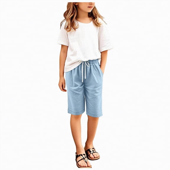ZHANGDER Girls Bermuda Shorts Long Shorts for Girls Knee Length High Waisted Summer Shorts Comfy Drawstring Short Pants with Pockets, Sky Blue 12-13 Years