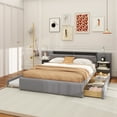 thumbnail image 5 of Queen Size Upholstered Platform Bed with Reading Lights, Drawers, Trundle and Shelves, Gray, 5 of 20