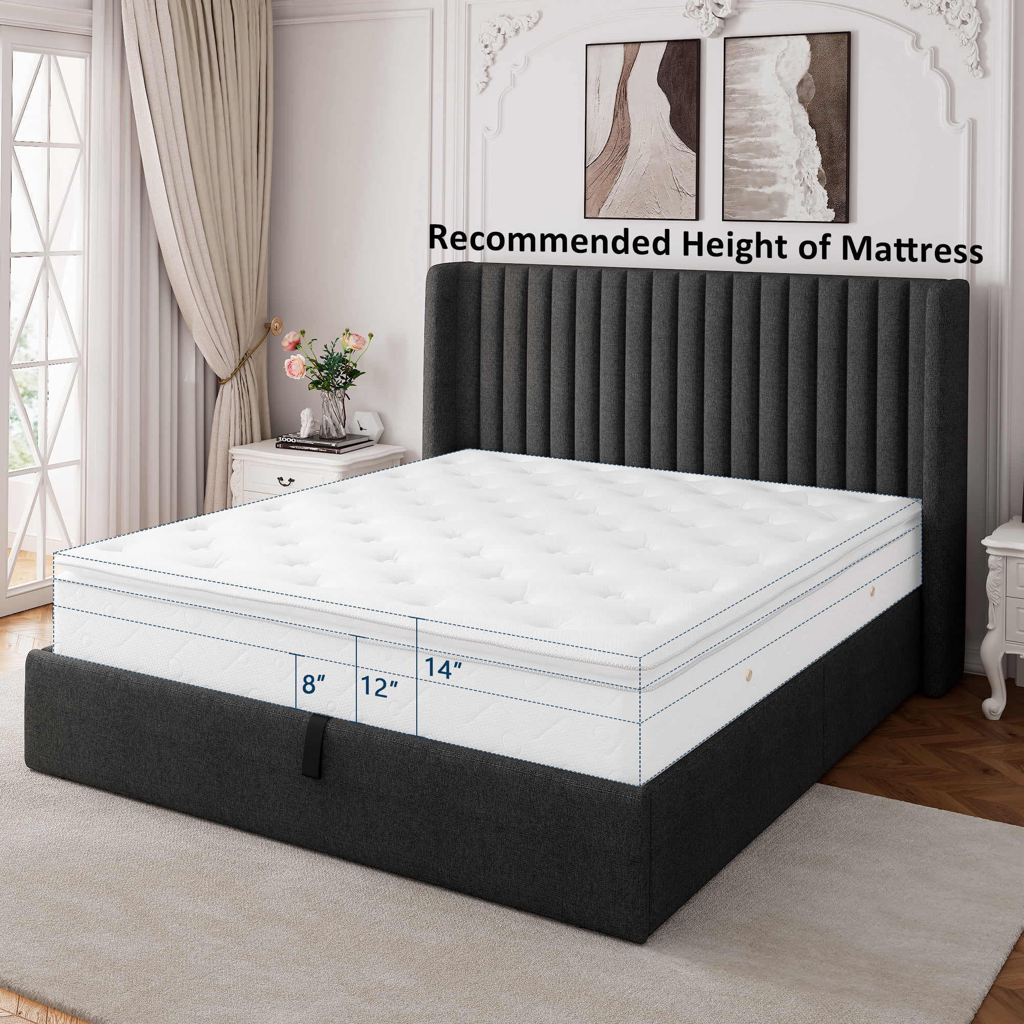 Einhomn Queen Size Lift Up Storage Bed With Wingback Headboard, Upholstered Platform Bed Frame with Hydraulic Storage, Linen Fabric, No Box Spring Needed,Dark Gray
