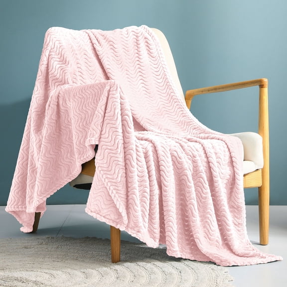 Exclusivo Mezcla Large Flannel Fleece Throw Blanket, Jacquard Weave Wave Pattern Blanket (50" x 70", Light Pink)