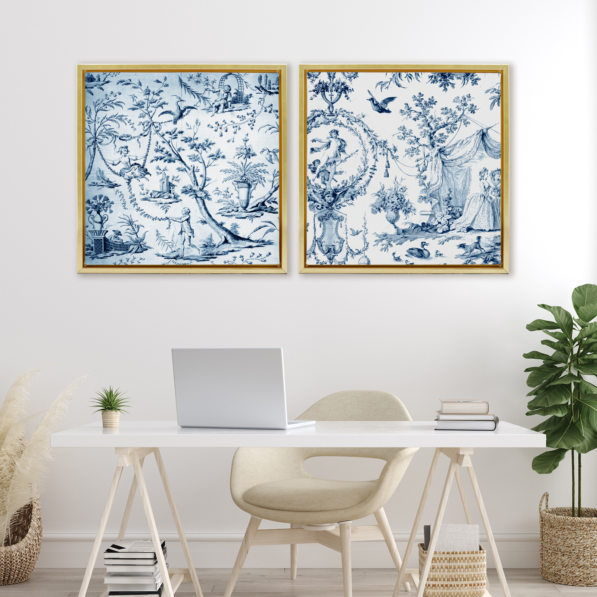Intricate Toile Scenery 2 Piece Gold Framed Floater Canvas Set, design by Vintage Hustle