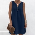 thumbnail image 5 of Horkkom Linen Dress Women Solid Color Mini V Neck Summer Dresses Beach Vacation Loose Sundresses, S-3XL, 5 of 8