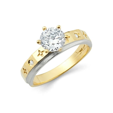 14K Two Tone Solid Gold 1 Ct. Round Cut Solitaire Cubic Zirconia CZ Wedding Engagement Ring - size 8