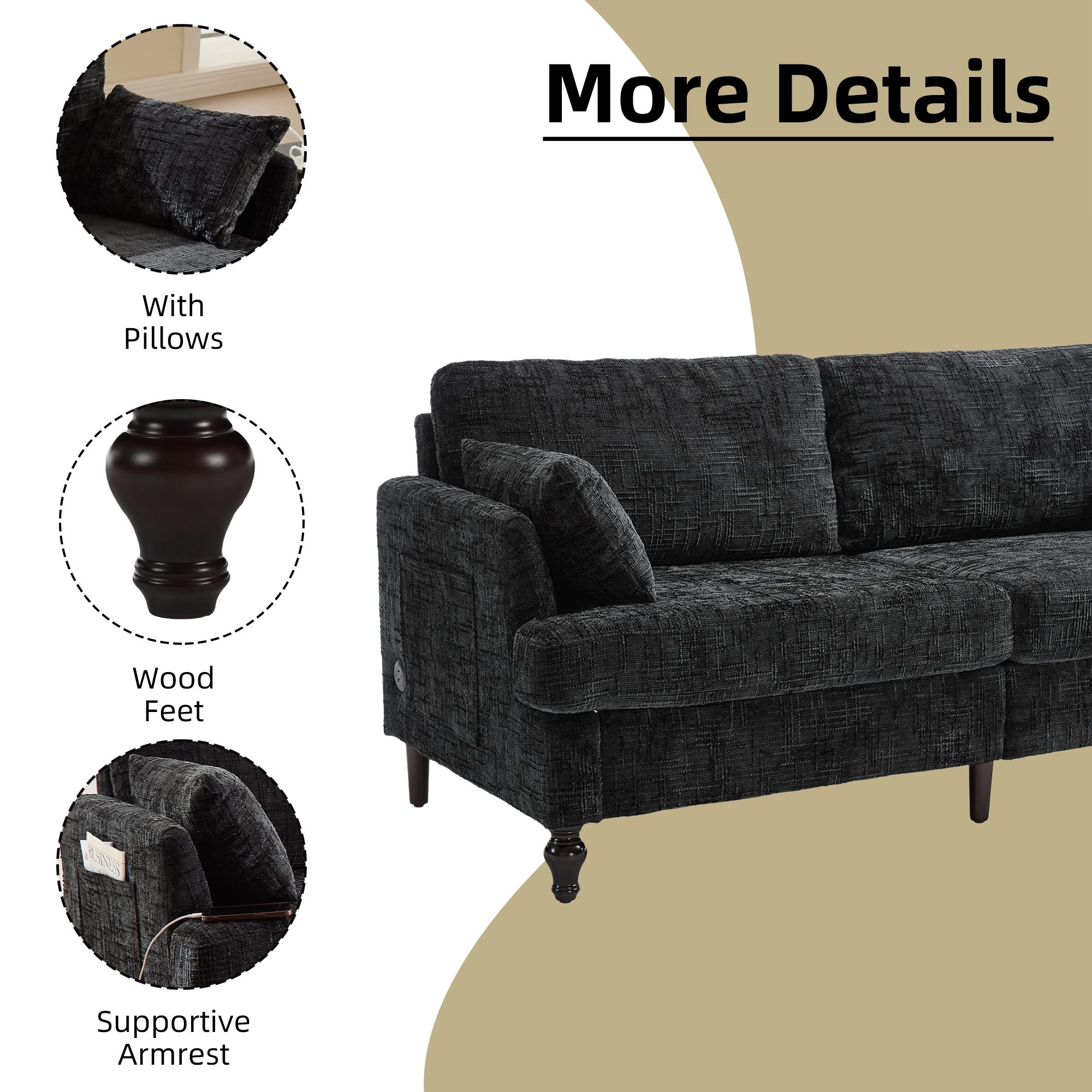 MOONMISS Chenille Upholstered Mid Century Modern Wood Frame Loveseats Sofa with LED light,USB and Side Pocket-Black