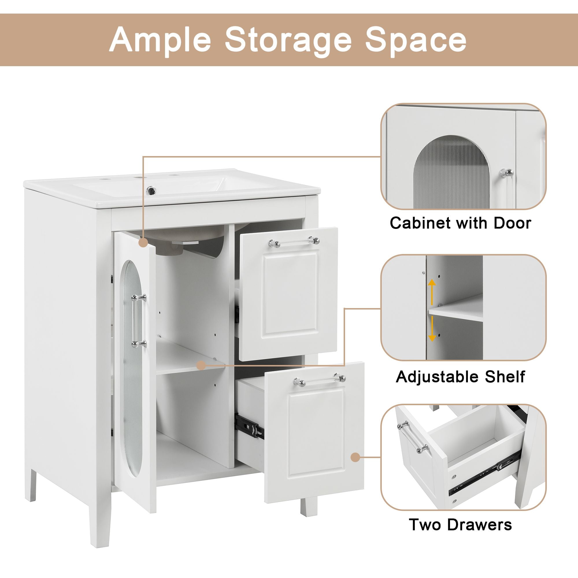 DEALTOPS Bathroom Vanity with Sink, Bathroom Vanity Storage Cabinet with Adjustable Shelf, White