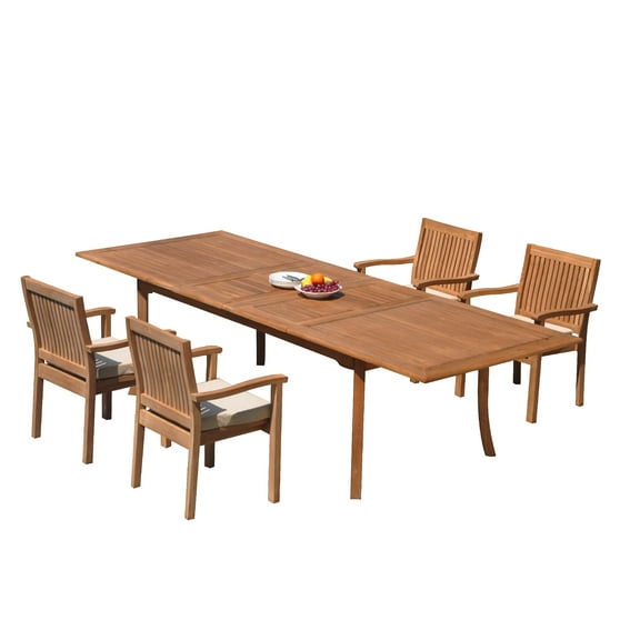 Grade-A Teak Dining Set: 4 Seater 5 Pc: 118" Rectangle Table And 4 Leveb Stacking Arm Chairs Outdoor Patio WholesaleTeak #51LV2405
