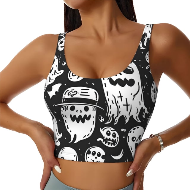 Fotbe Black White Spooky Ghosts Sujetador Deportivo Largo sin Aros para Mujer con Almohadillas y Soporte Medio, Transpirable y Absorbente, Camiseta Tipo Chaleco o Tank Top-Large