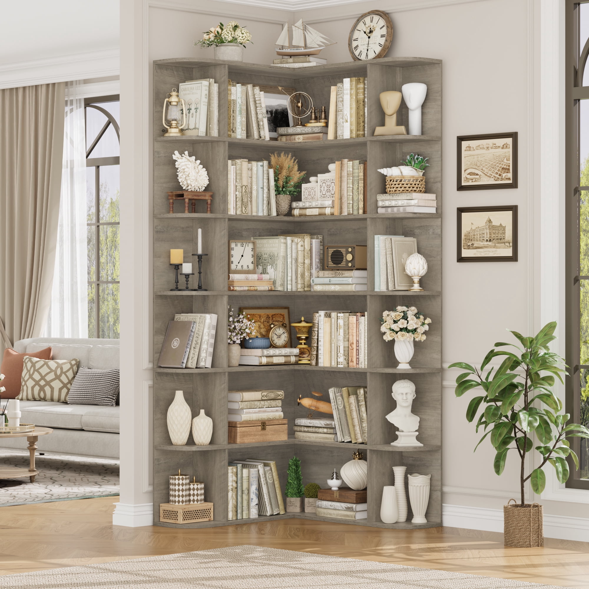 Homfa 73.9” Tall Corner Bookshelf, 6 Tier L-Shaped Large Display Bookcase with Curved Edges for Living Room Home Office Study, Gray