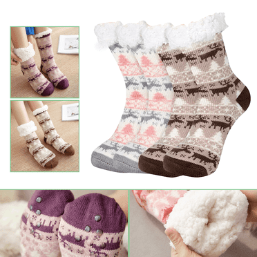 Women Fleece Lined Slipper Socks Winter Super Soft Cozy Fuzzy Christmas Slipper Socks with Grippers