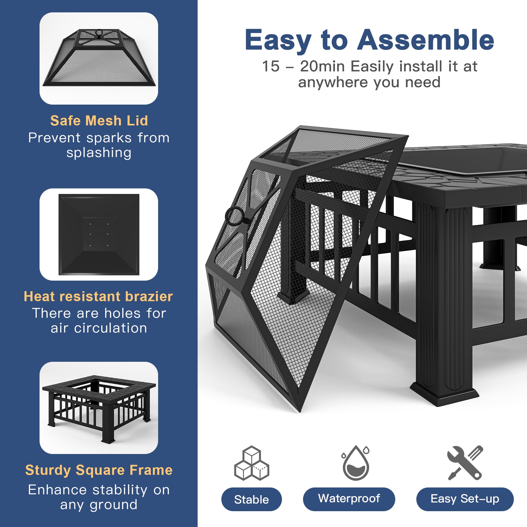 Kepooman 32" Wood Square Fire Pit Table for Outside Fire Pit/Ice Pit/BBQ Fire Pit, Black