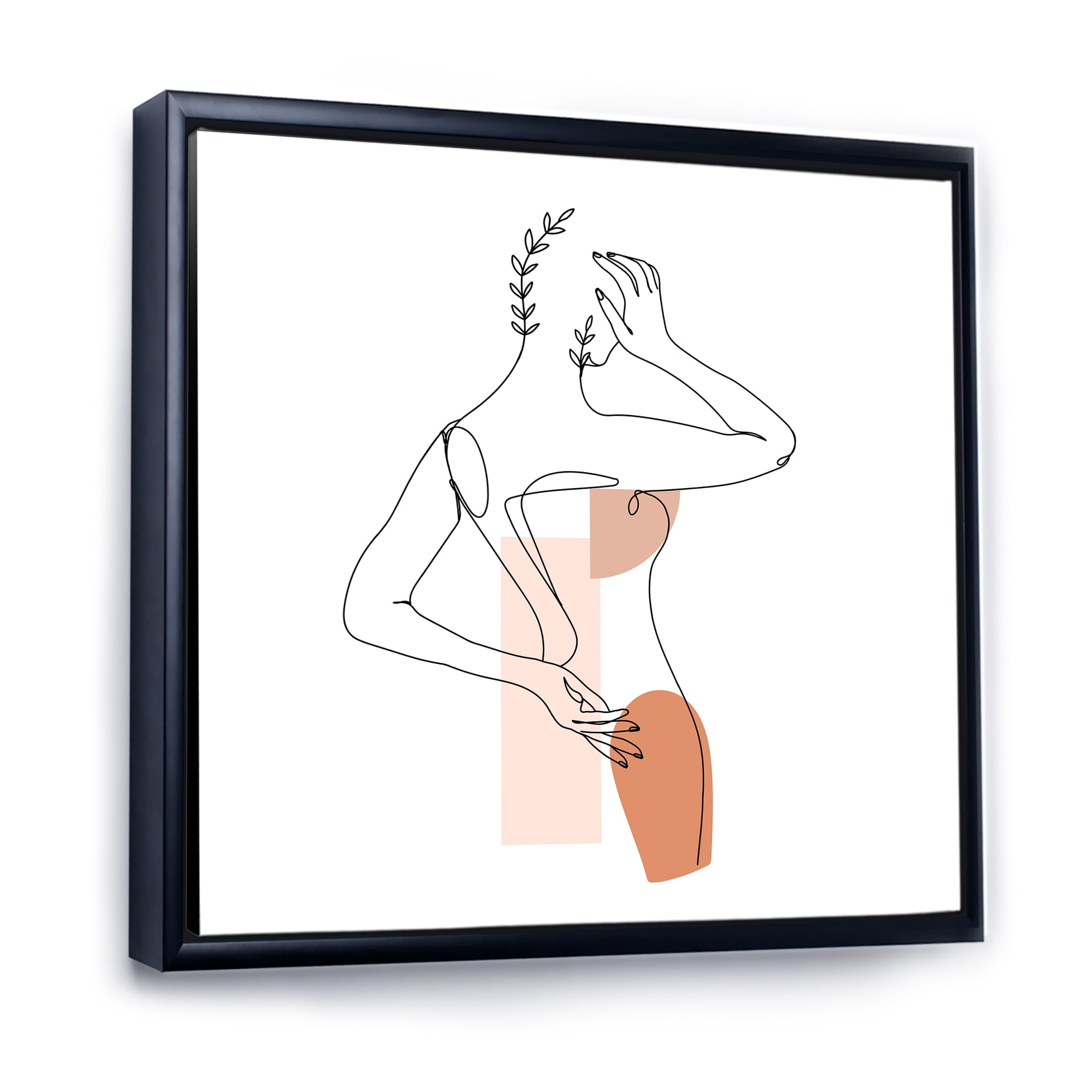 One Line Woman Portrait With Shapes and Leaves II 36 in x 36 in Framed Painting Canvas Art Print, by Designart