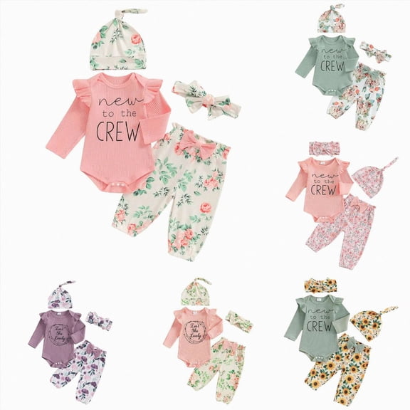 CAUYDY Preemie Going Home Outfits Newborn Girl Long Sleeve Romper Pants Hats Headband 4PCS Baby Matching Layette Set 0 3 6 Months Infant Winter Clothes Cute Pink Sizes 0-3 Months