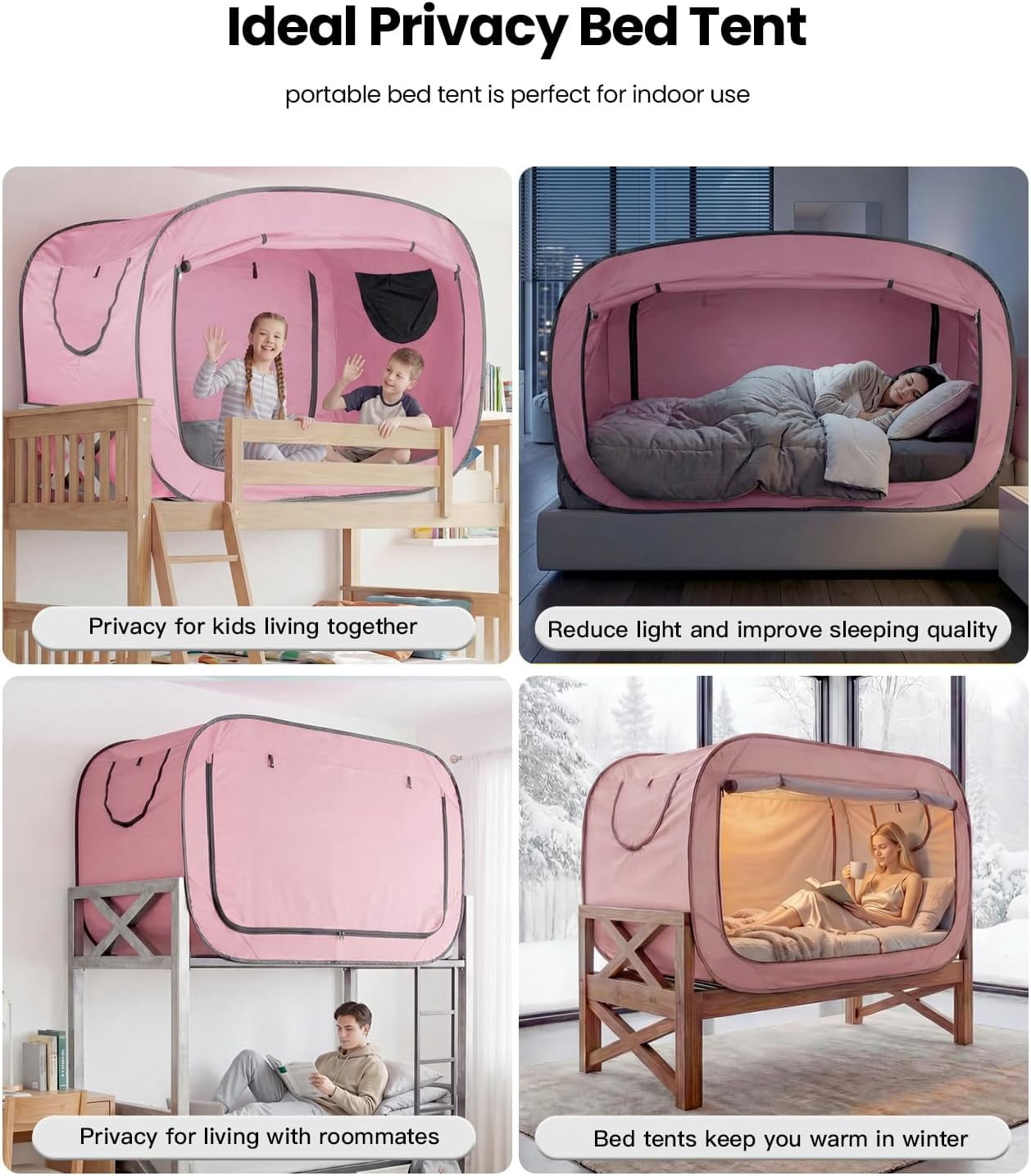 Bed Tent Twin Bed Canopy Portable Dream Tent for Adult Indoor Sleeping Tents with 2 Doors Breathable Private Space Tents, Pink