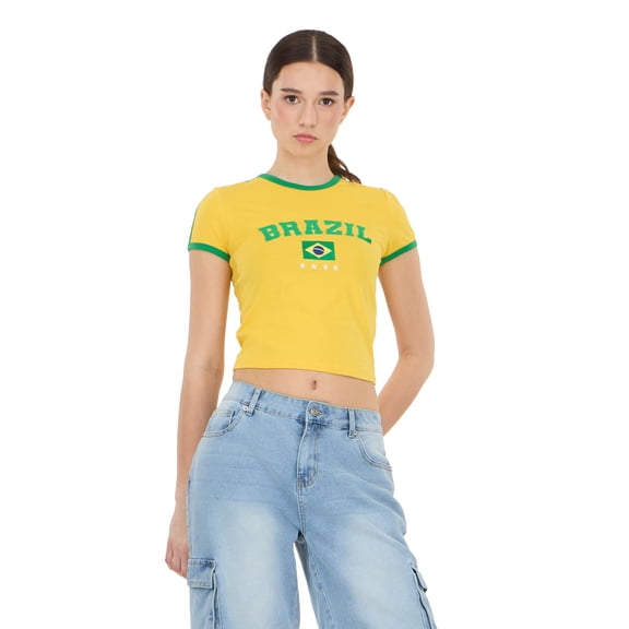 Forever 21 Women's Short Sleeve Brazil Soccer Ringer Tee Shirt, Sizes XXS-XXL