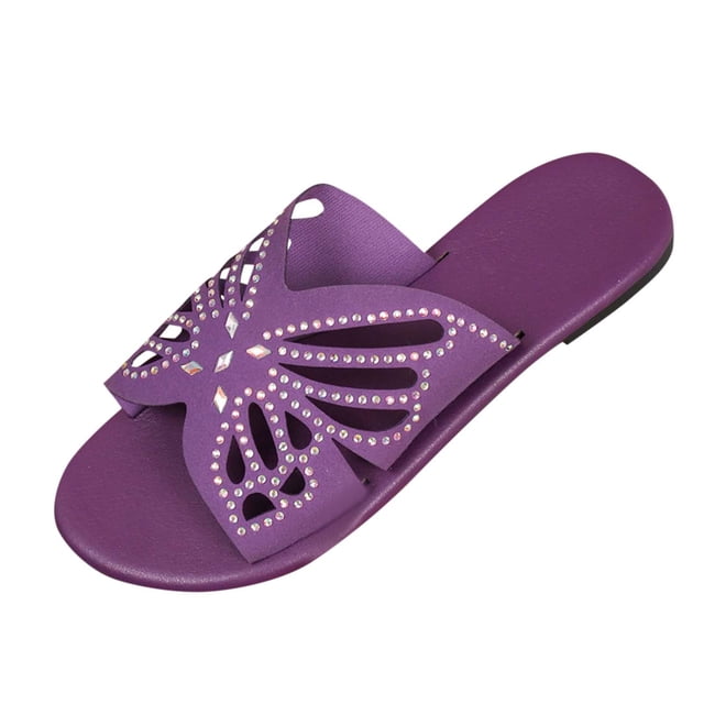 SEAOPEN Flat Slides for Womens Rhinestone Clear Dressy,Cute Slide Sparkly Dress Sandals Comfortable Slide Slip On Open Toes Sandals Summer Beach Fashion Shoes Size 6.5 Purple