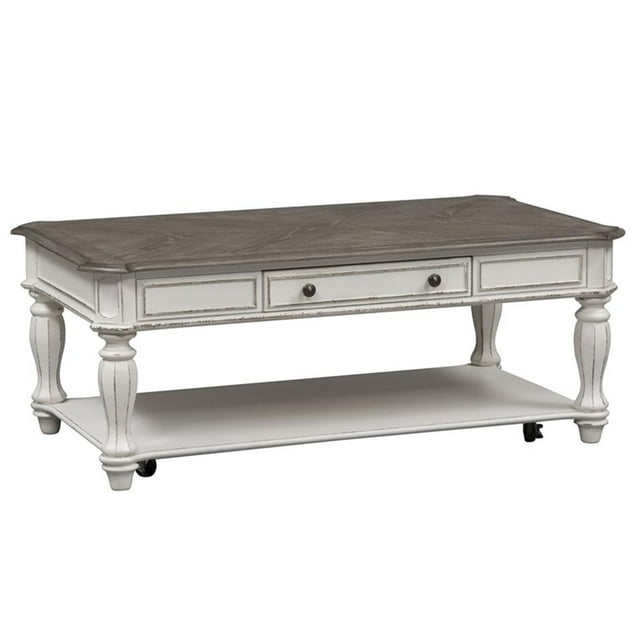 Liberty Furniture Magnolia Manor Rectangular Cocktail Table with Storage Drawer and Bottom Shelf, White
