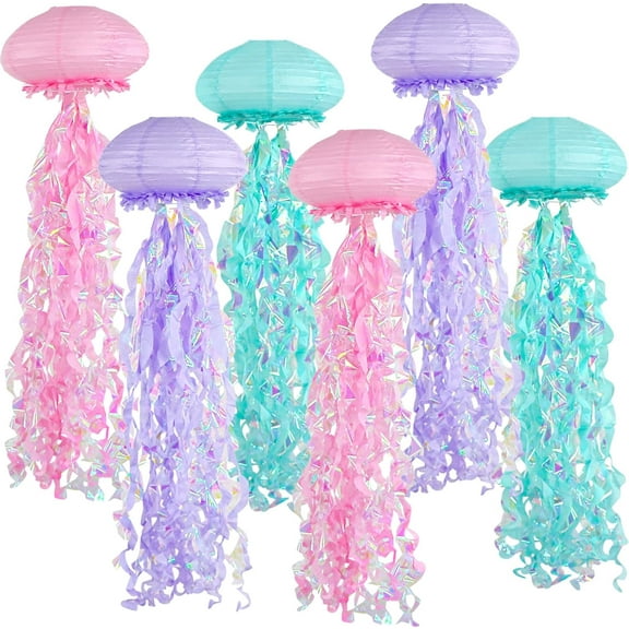 6pcs Jellyfish Paper Lanterns, Mermaid Birthday Decorations Pink Lavender Blue Hanging Lanterns for Under The Sea Ocean Birthday Party Decorations