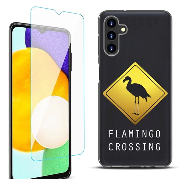 Slim-Fit Protective Fashion Phone Case (Black) for Samsung Galaxy A13 5G, with Tempered Glass Screen Protector, by OneToughShield ® - Flamingo