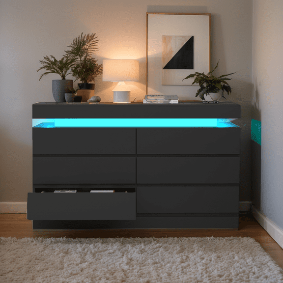 Black 6-Drawer Dresser with Power Outlet & LED Lights, Double Wide Chest of Drawers, Modern Storage Cabinet for Bedroom, Living Room & Entryway