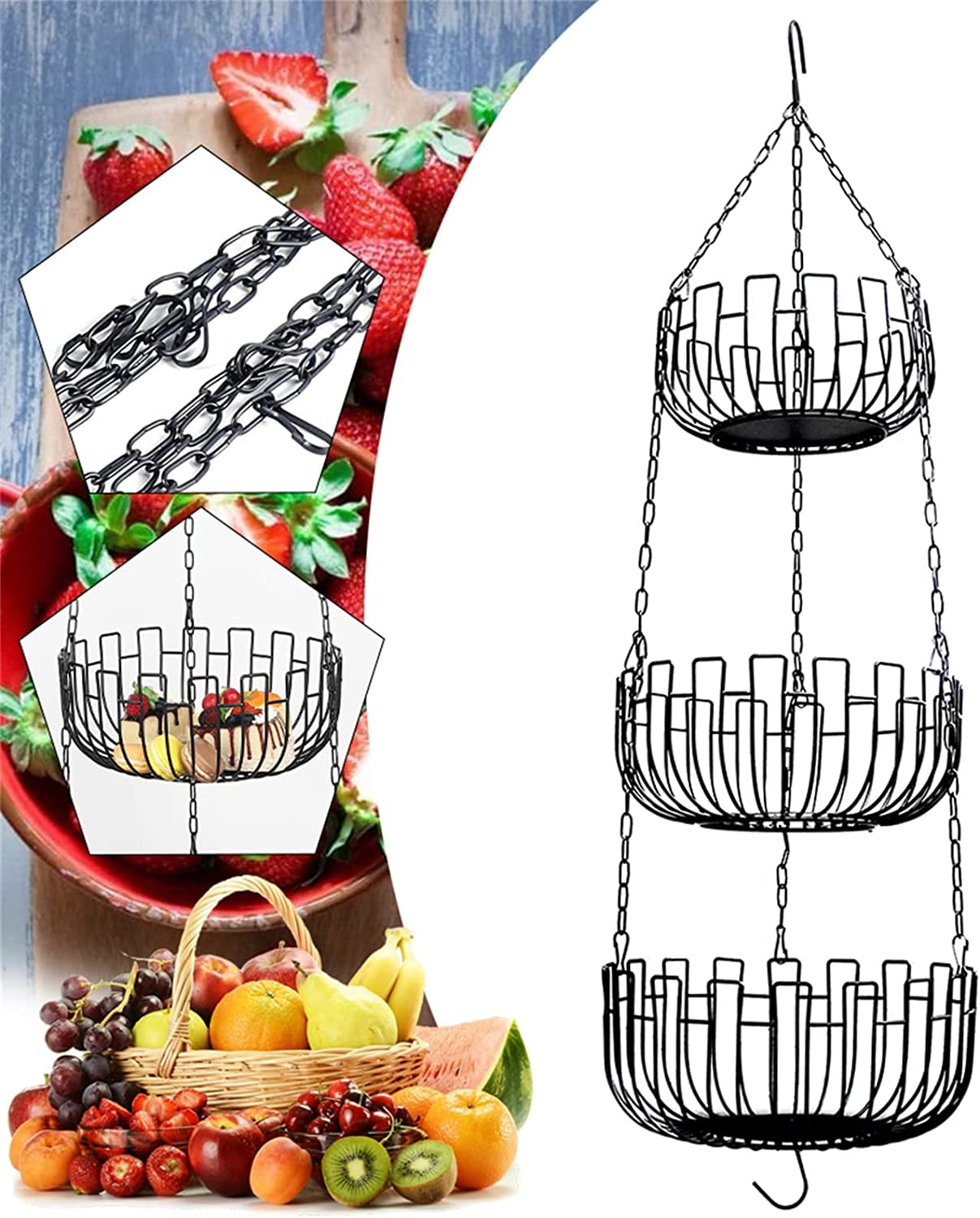 Fichiouy 3 Tier Hanging Fruit Basket Kitchen Storage Rack Vegetable