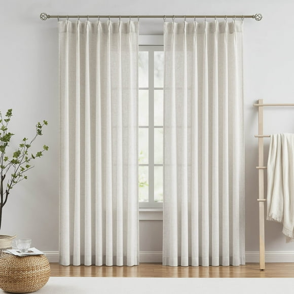 Vision Home Natural Pinch Pleated Semi Sheer Curtains Textured Linen Blended Light Filtering Window Curtains 84 inch for Living Room Bedroom Pinch Pleat D