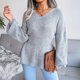 thumbnail image 2 of Women Autumn Winter Knitted Sweater, Lantern Sleeve Tight Waist Sweater Hem Ruffle  For Home ANGGREK Gris L, 2 of 8