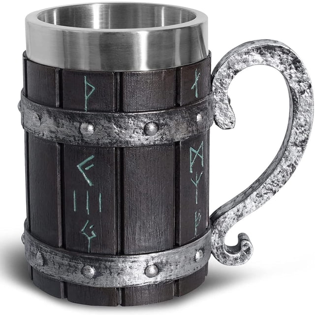 Taza de cerveza vikinga Cuerno para beber vikingo Vaso de cerveza vikingo Taza de barril de whisky inoxidable Taza de cerveza de estilo de madera vikinga Regalo de madera antigua Capacidad del barril TUNC Sencillez