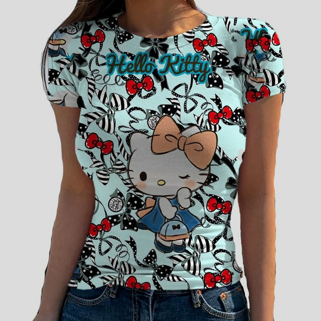 Hello Kitty T-shirts Basiques Aguichant à Manches Courtes Impression 3D Été Femmes Aguichant T-shirt Col Rond Manches Courtes Top Moulant Élastique