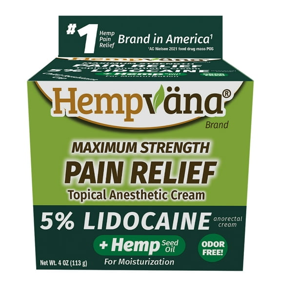 Hempvana Lidocaine 5% Relief Cream, for Anorectal Relief, Enriched with Hemp Seed Oil, 4-oz Jar