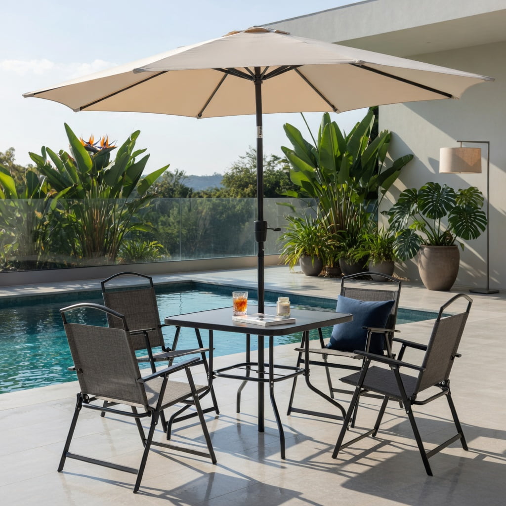 Hommoo 4-Pack Folding Patio Chairs, Heavy-Duty Steel Frame, Breathable Fabric Seats, Easy-Fold for Backyard, Poolside & Garden Use, Gray