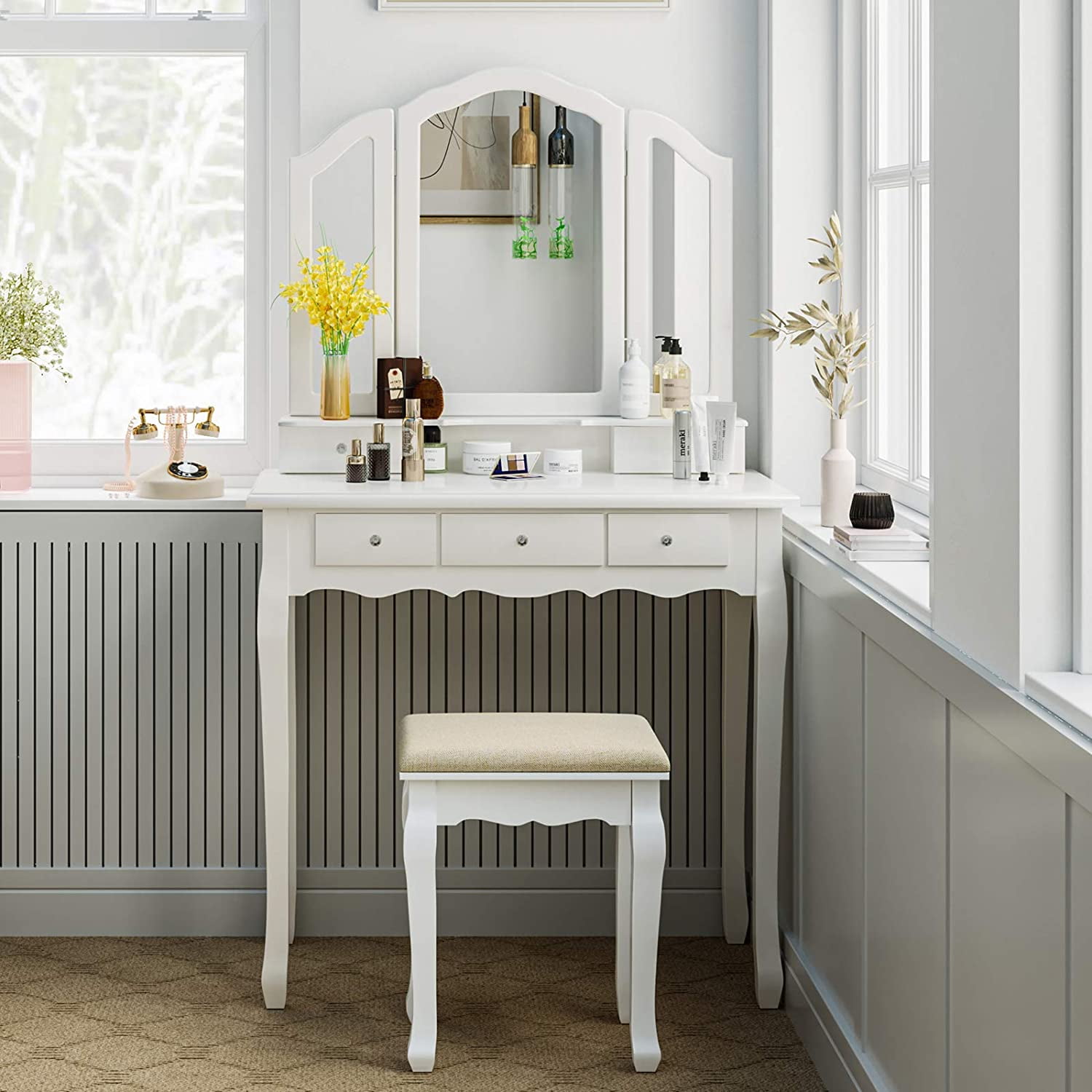 Buy Tiptiper Vanity Set with Cushioned Bench, Makeup Desk Vanity Table with TriFold Mirror, 5