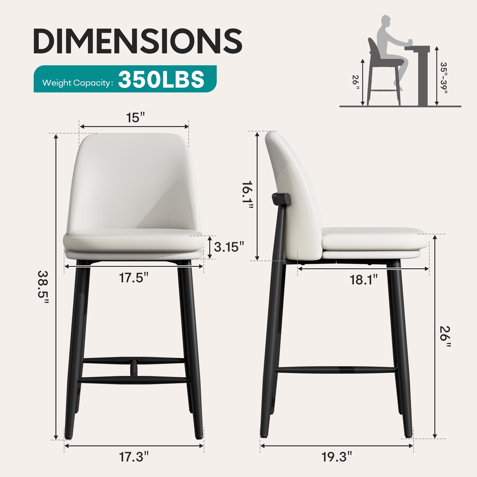 Genpo Bar Stools Set of 4, Upholstered Counter Height Bar Stools, Counter Stools 26 Inch Barstools with Back, Metal Legs and Textured Leather&Fabric for Kitchen Island Dining Room, White
