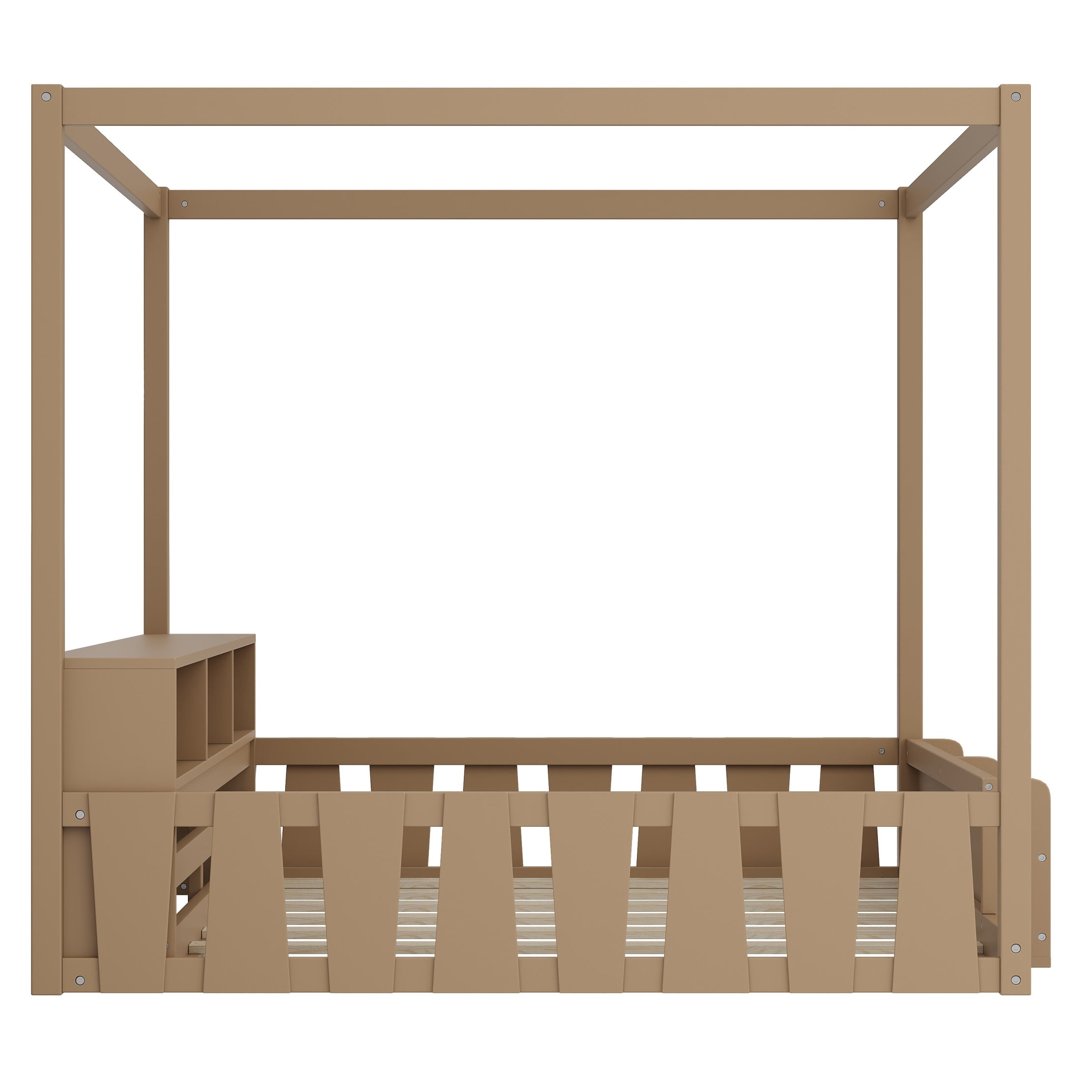 GDF Studio Misol Full Size Montessori Canopy Floor Bed with Storage & Guardrails, Pine Wood Kids Bed Frame, Dark Brown