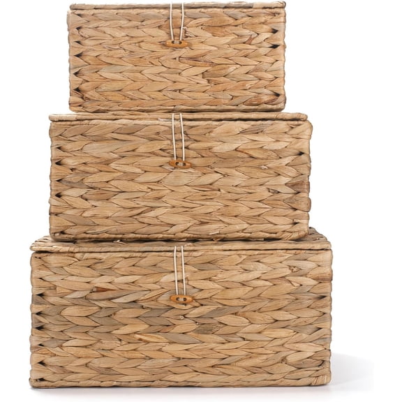 Wicker Storage Basket with Lid, Water Hyacinth Baskets, Woven Basket for Shelf, Decorative Storage Boxes for Organizing