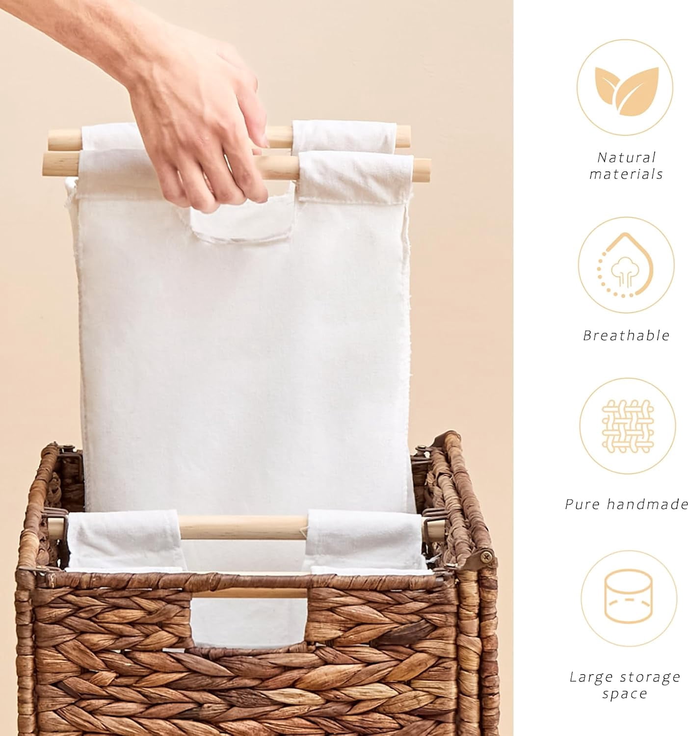 Casa Pura Furniture Handwoven Large Laundry Hamper with Lid, 2 Removable Liner Bags, Heightened Feet, Natural Hyacinth Wicker Clothes Storage Basket for Towels & Clothing