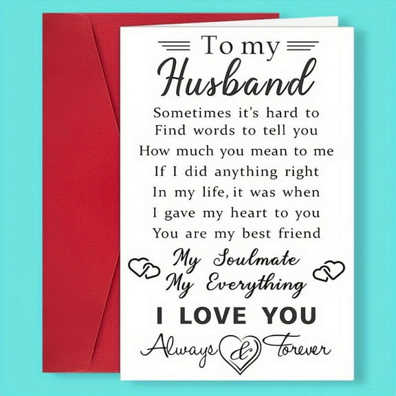 To My Husband Love Card - Heartfelt Sentiment for Anniversary, Birthday, or Just Because - Blank Inside with Red Envelope