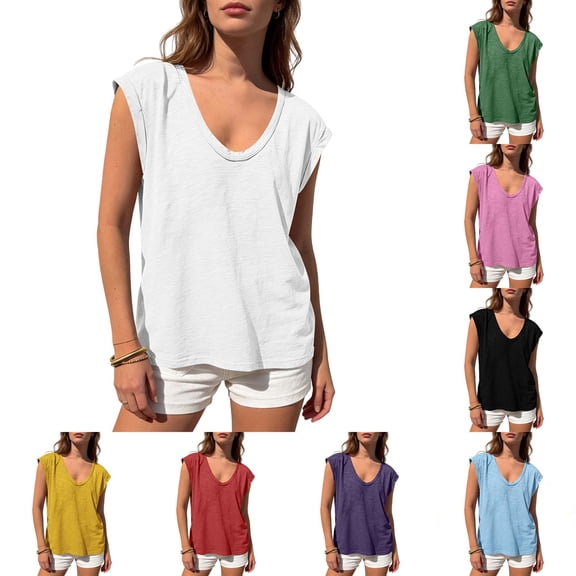 DYTTDG Women's Cap Sleeve Tank Top, Deep V Neck Loose Fit Top, Solid Color Summer Casual Tee