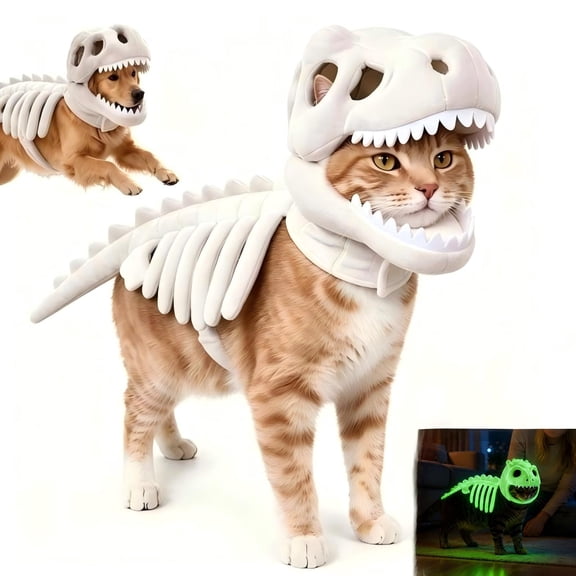 Dinosaur Skeleton Glow in Dark Pet Costume,Hallowee 3D Dino Pet Outfit,Realistic Dinosaur Skeleton Costume for Pet, Plush Halloween Pet Hood Outfit(Small-10Inch)