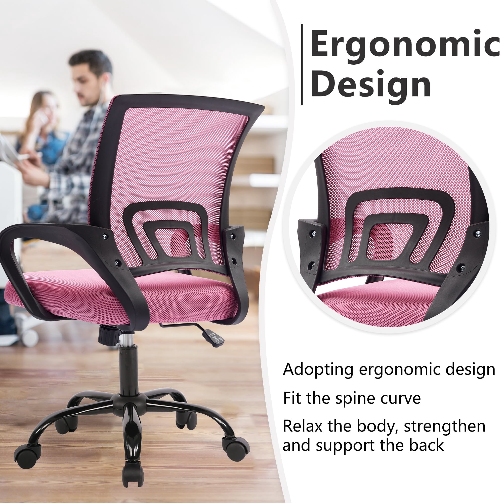 JONPONY Ergonomic Office Chair，Swivel Desk Chair with Lumbar Support, Adjustable Height with Armrests for Adults,Pink