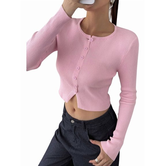 Women's Round Neck Button Front Ribbed Knit Cropped Long Sleeve Slim Fit Cardigan Top Pink S