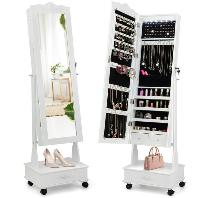 Giantex Floor Standing Jewelry Armoire, Lockable Jewelry Organizer w/3-position Adjustable Angle, White