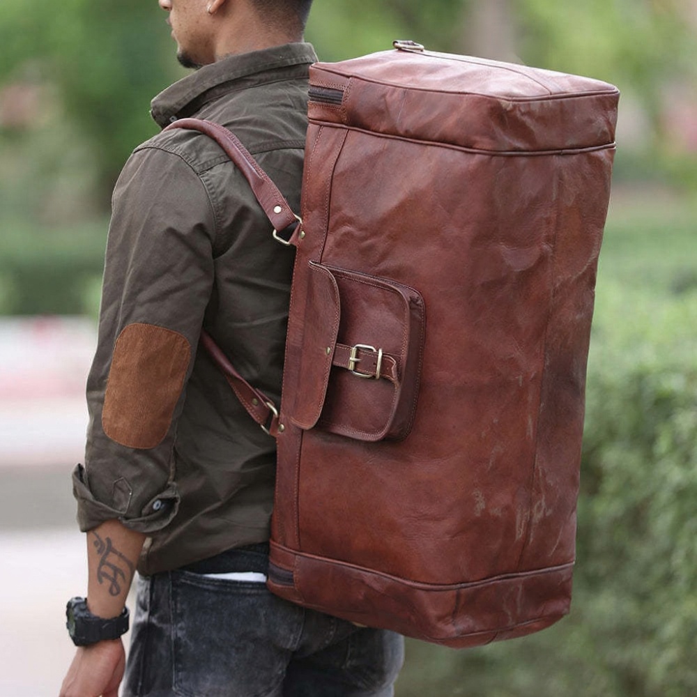 Agwani Handicraft Genuine Leather Duffel 24 Inch, Travel Overnight Weekend Bag for Men, Brown Vintage Gym Sports & Vacation Luggage.