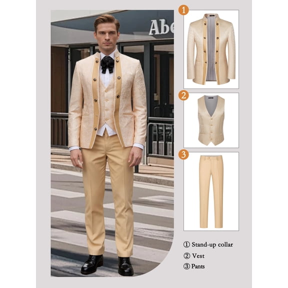 Beauty-Emily Men’s 3-Piece Jacquard Suit – Stand Collar Blazer, Vest & Pants Set, Elegant Formal Outfit for Wedding, Prom & Special Occasions