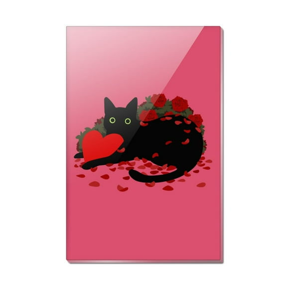 Black Cat Valentines Heart Rose Petals Love Rectangle Acrylic Fridge Refrigerator Magnet