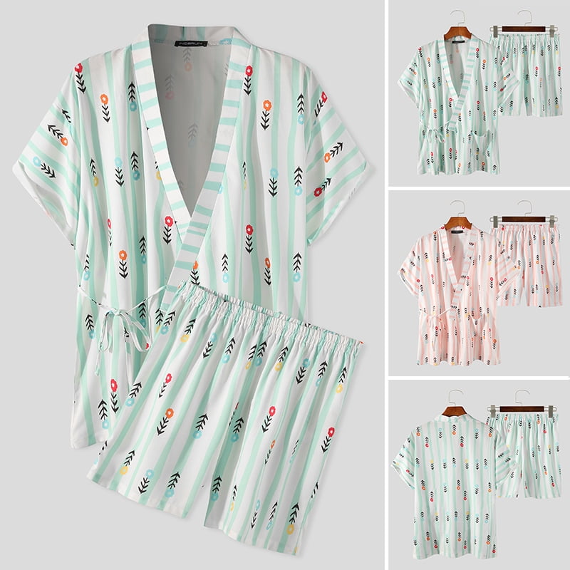 INCERUN Mens Japanese Kimono Shirt & Pants Pyjamas Set Loungwear Nightwear Suit