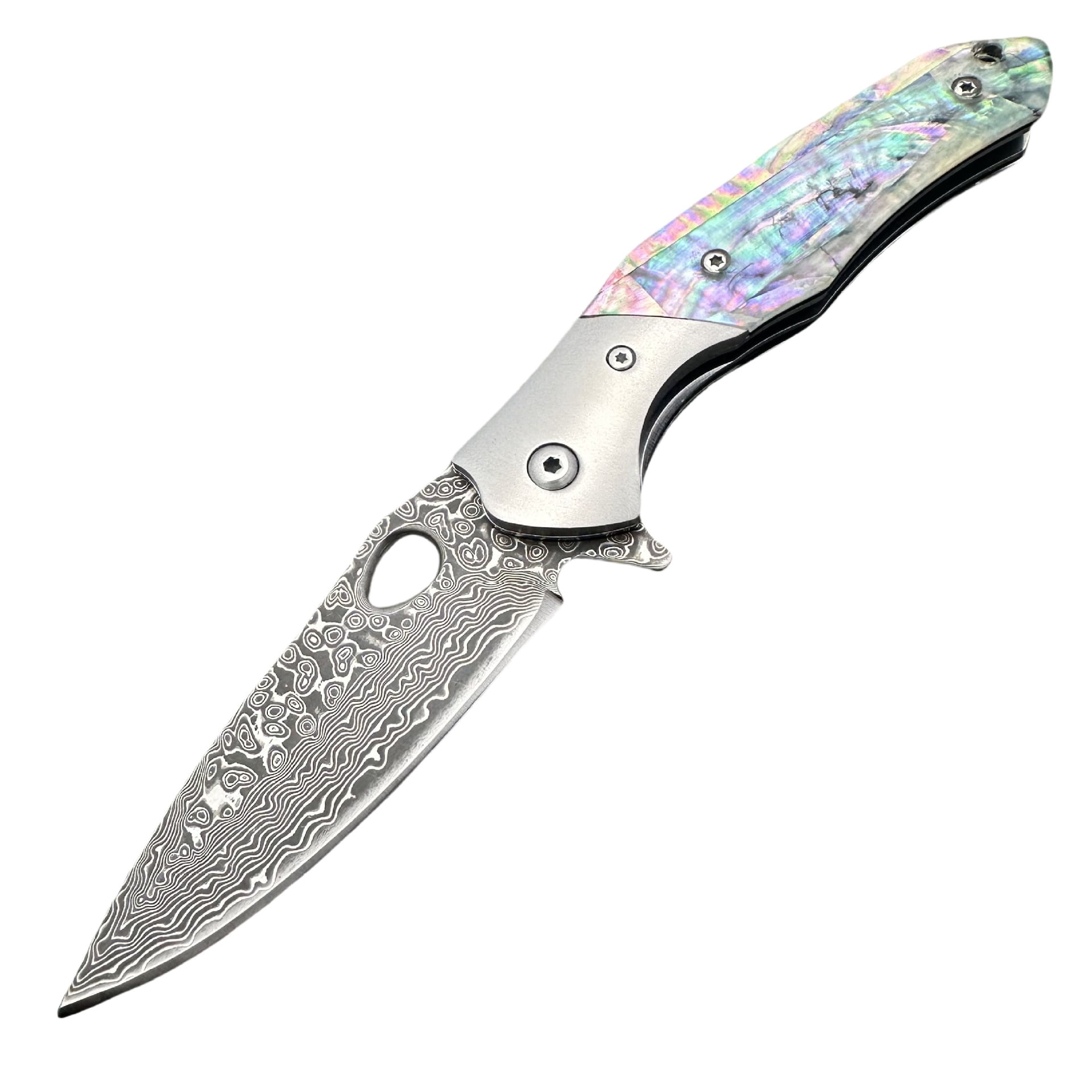Damascus Outdoor Pocket Knife — Abalone Shell Handle, Sandblasted CNC Steel Bolster — Camping & EDC Folding Knife (VG10 Steel)