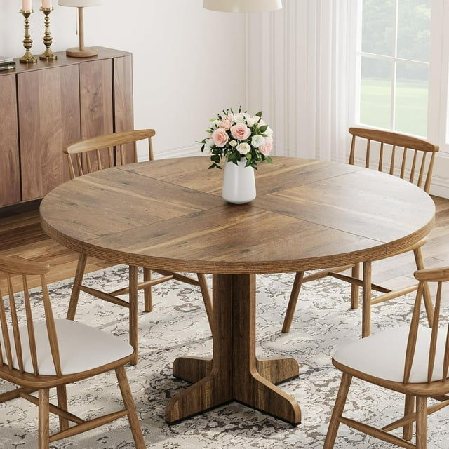 47 Inch Round Dining Table for 4, Farmhouse Circle Kitchen Table with Wood Tabletop and Stable Base, for Home Dining Room Living Room