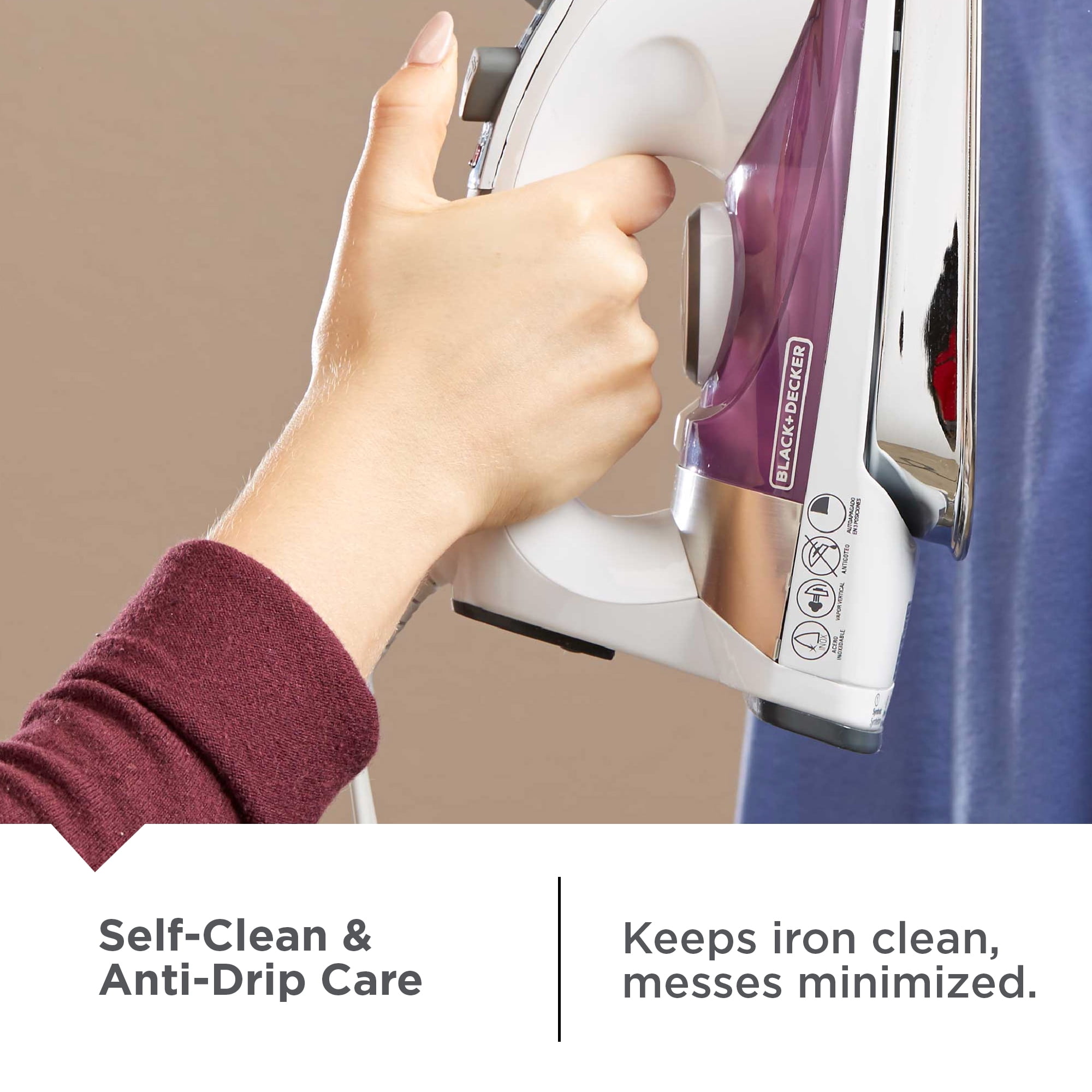 BLACK+DECKER Steam Iron for Clothes, 1500W, Stainless Steel Soleplate, Auto Shut-Off, Self-Cleaning, 10ft Cord, White